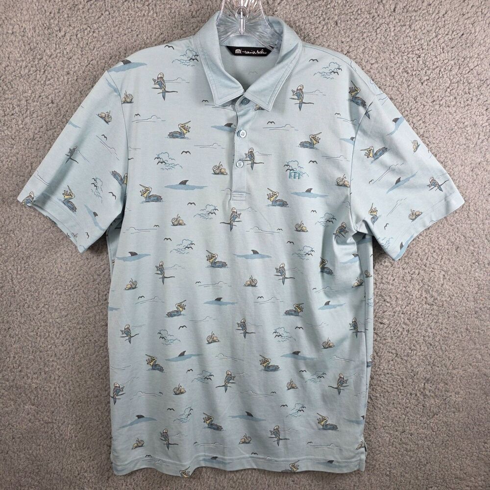 Travis Mathew Polo Shirt Men's Blue All Over Print Golf Performance Stork shark
